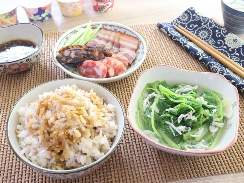 腊味饭+拼盘+吻仔鱼苋菜